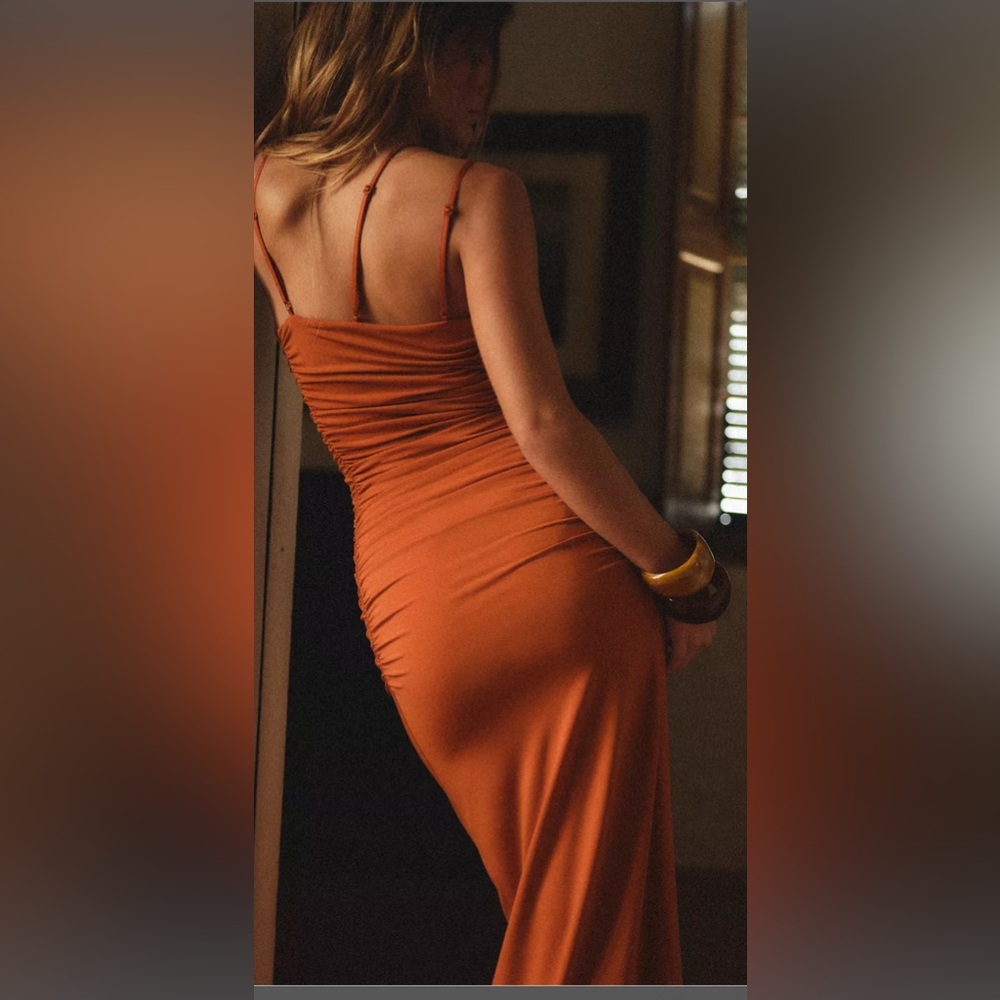 Zara Rust Orange Ruched Maxi Dress - Picture 2 of 4